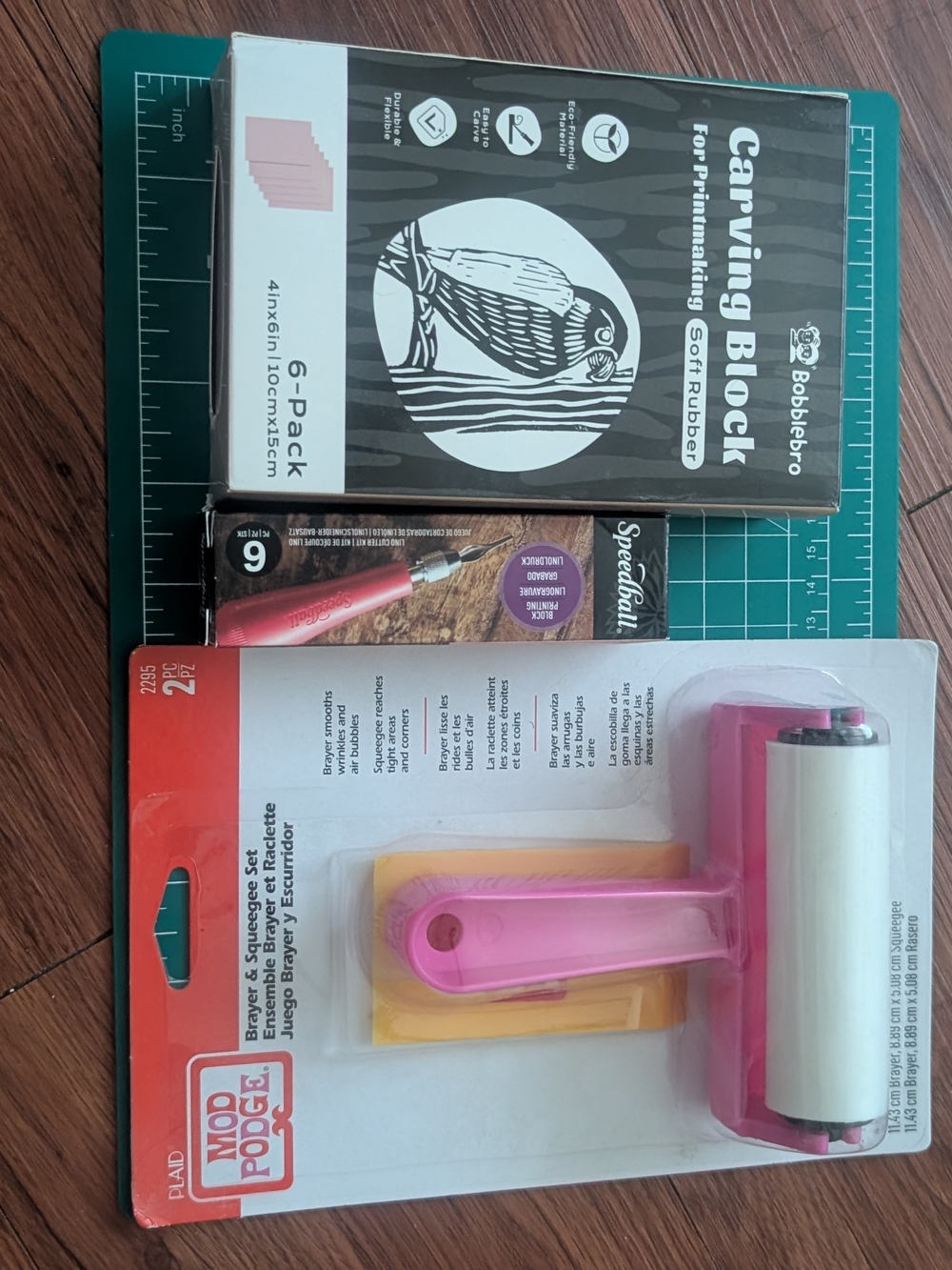 Plaid Mod Podge Pink Brayer Set with Bobbledro Carving Blocks and Speedball Tool